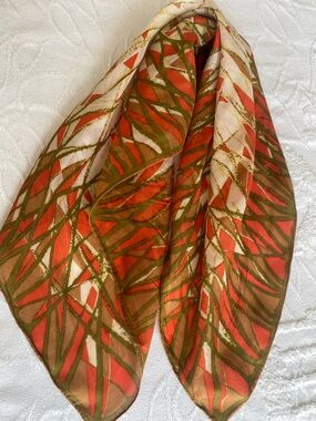 Vintage silk scarf, abstract print, orange, cream and green